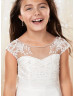 Beaded Ivory Lace Organza V Back Long Flower Girl Dress